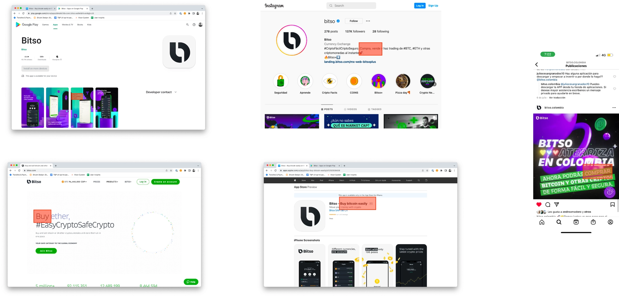 Comparison between Bitso buy crypto marketing and product deposit entry points