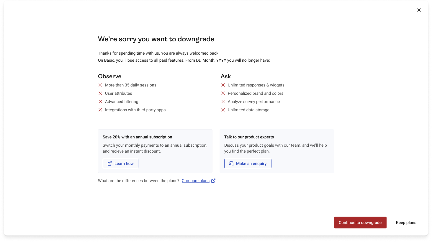 Original generic churn downgrade modal with feature loss messaging