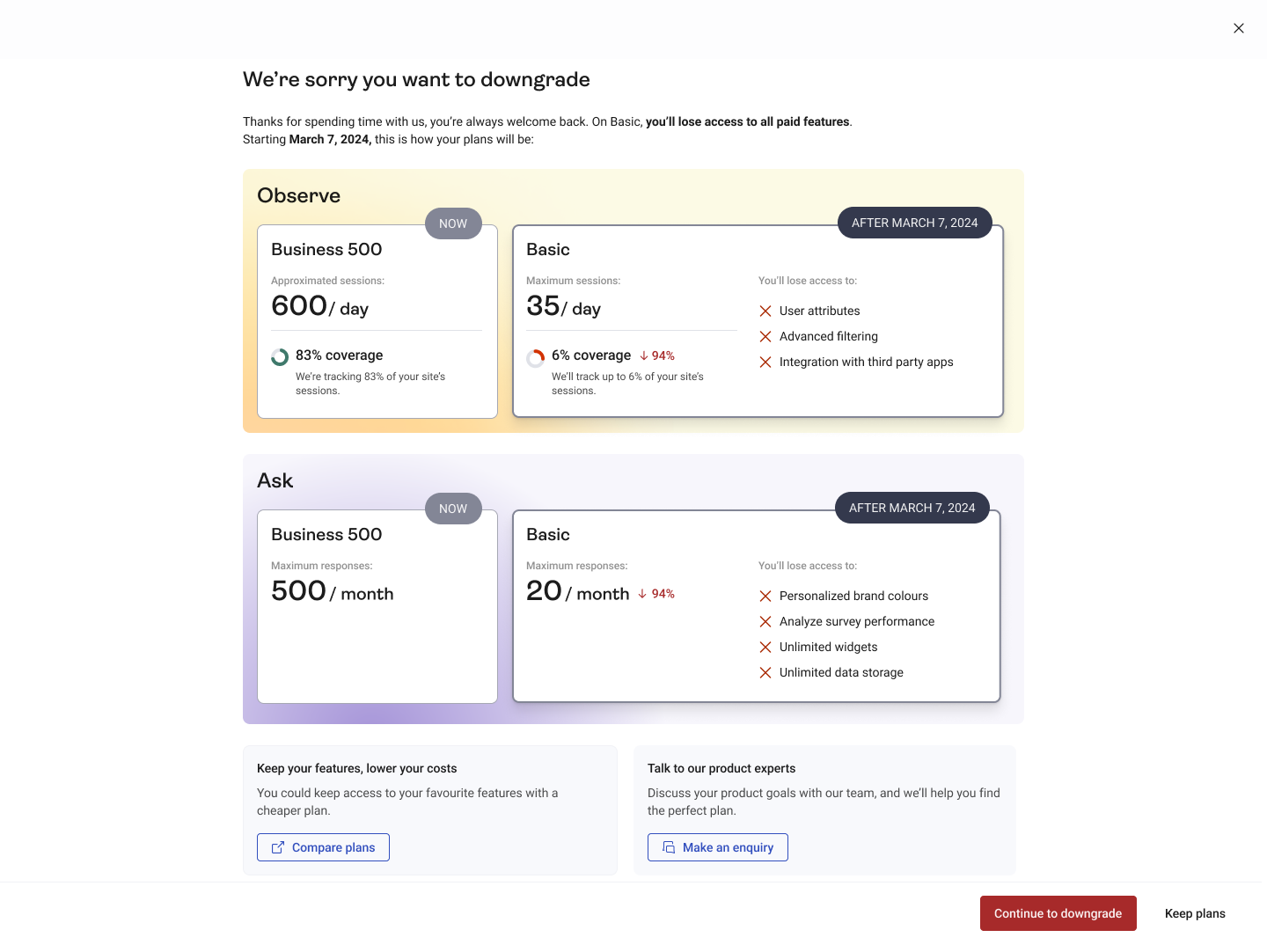 First churn deflection modal concept showing before and after plan limits