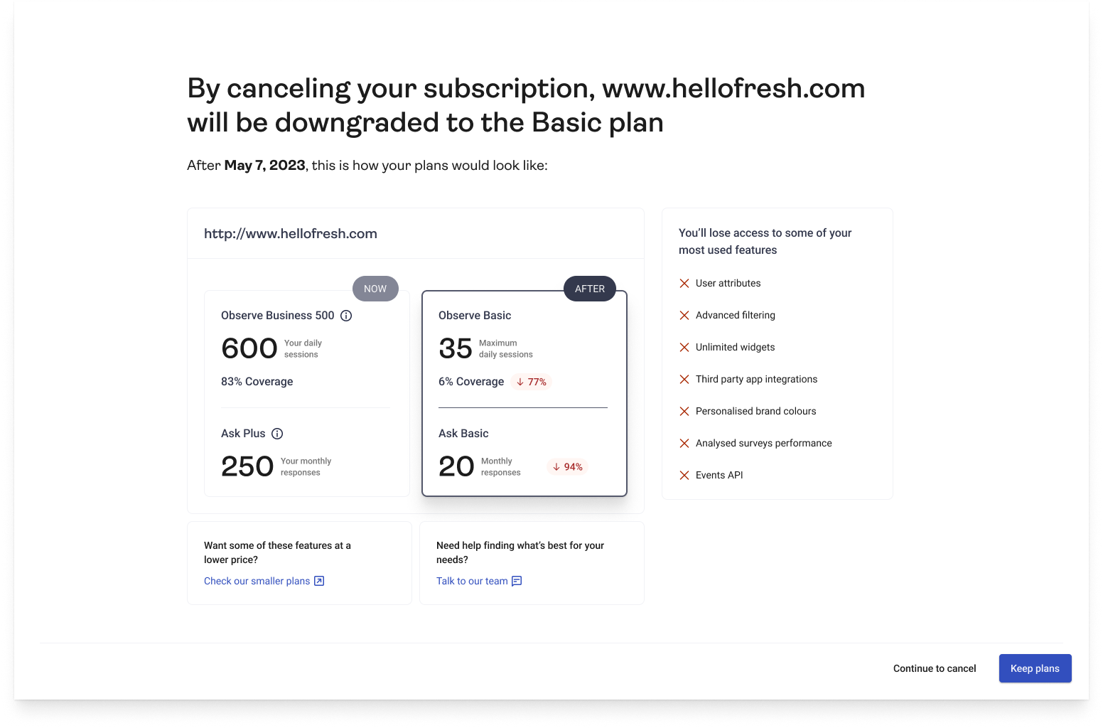 Second churn deflection modal concept focused on most-used features