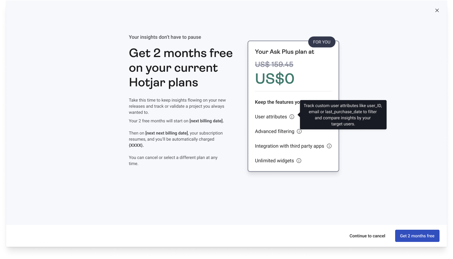 Hotjar retention offer screen giving users two months free on their current plans