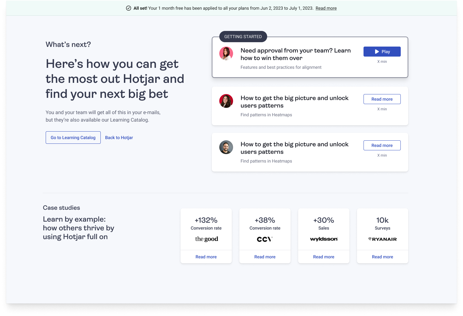 Hotjar learning catalog recommendations shown after accepting a retention offer