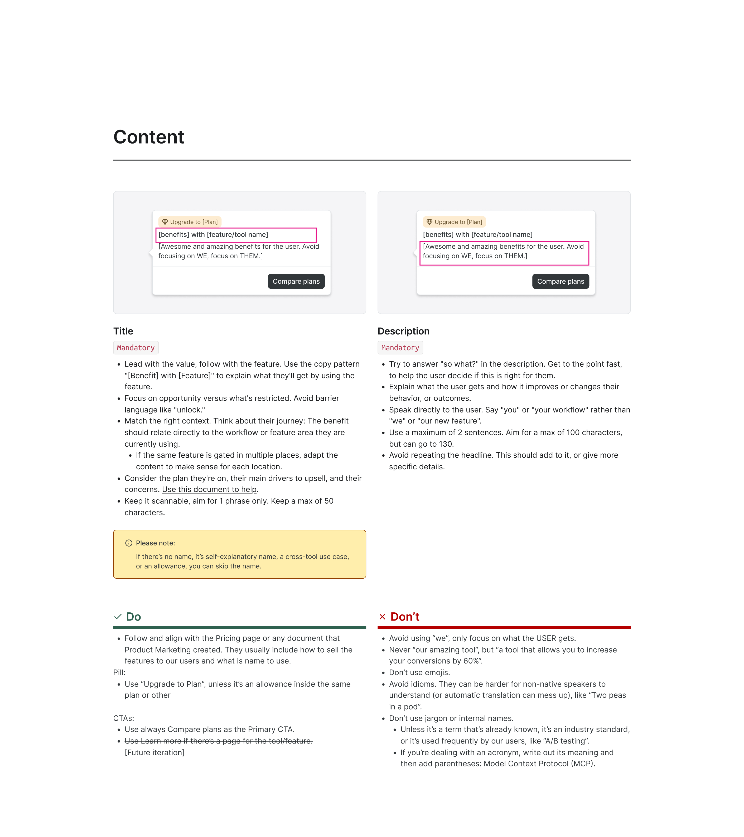 Paywall content guidelines showing segment-specific title, description, do, and don't rules