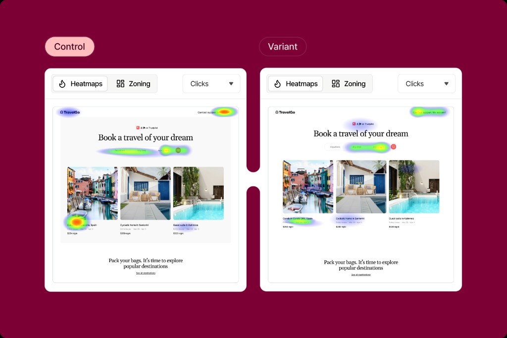 Heatmap comparison of control versus variant for a travel booking experience